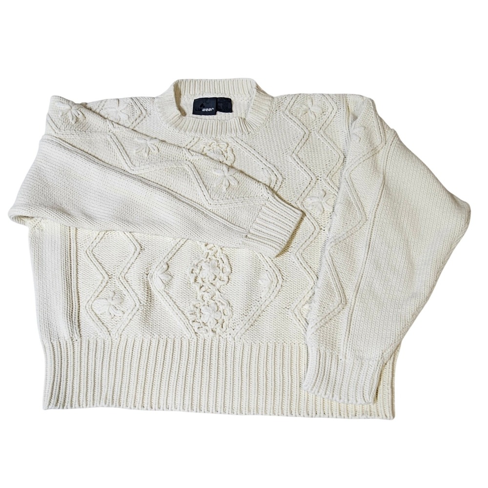 Lizwear Cream Cable Knit Floral Embroidered Cotton Sweater M Vintage 90s Grandma